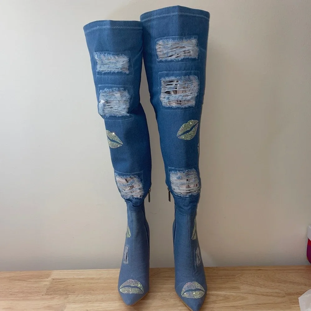 Cape Robbin Distressed Denim Rhinestone Thigh High Stiletto Boots Size‎ 7 NIB